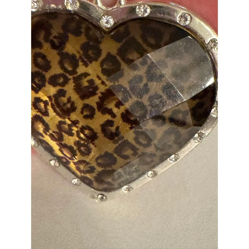 Leopard Print‎ Heart Keychain Silver Tone Rhinestone Accent Charm Key Ring